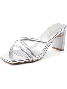 Women's Silver 3 Inches Slip On Block Heels Square Toe Casual Heeled Sandals
